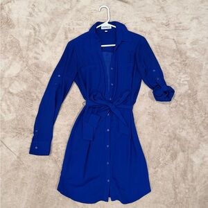 Express Women's Cobalt Blue Long Sleeve Button Shirt Dress with Tie